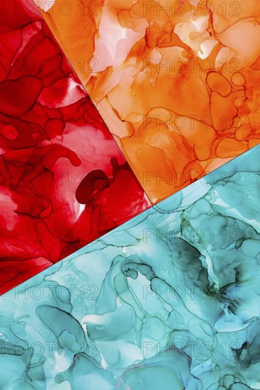 An abstract artwork featuring vibrant red, orange, and blue fluid patterns. The colors inks create dynamic movement, blending and contrasting in an eye catching display