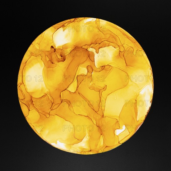 A striking circular design with swirls of orange and yellow on a dark backdrop of paper, creating a vibrant abstract art piece. Perfect for modern and artistic themes