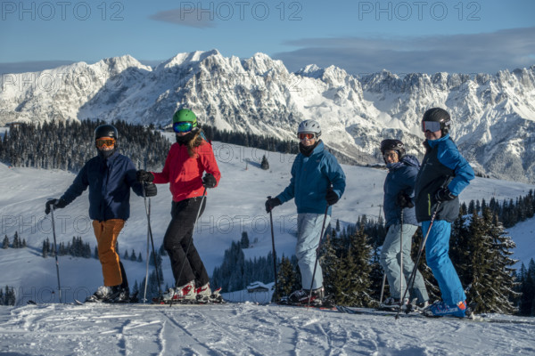 Skier, view from the SkiWelt Wilder Kaiser Brixenthal ski area to the Wilder Kaiser massif, Tyrol, Austria