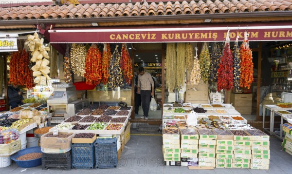 A wide range of dried fruits and spices at a market stand, Konya, Central Anatolia, Turkey