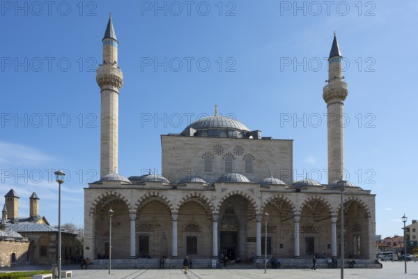 Historic mosque with two minarets and an impressive dome under clear skies, Selimiye Mosque, Konya Sultan Selim Camii, Konya, Central Anatolia, Turkey