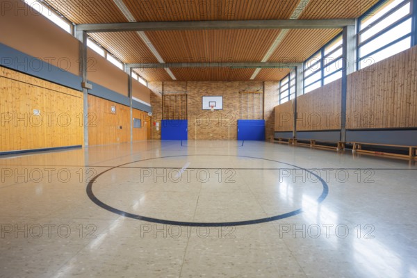 Empty sports hall with wooden paneling and basketball hoop, illuminated by large windows, Schlehengäu Grund Schule Gechingen, Calw district, Germany