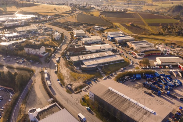 Aerial view of an industrial area with roads and fields, insights into urban planning, Calw, Calw district, Germany