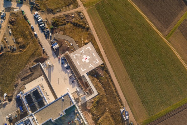 Aerial view of the helicopter landing pad in a rural region with infrastructure, new hospital at the Calw health campus, Calw district, Germany