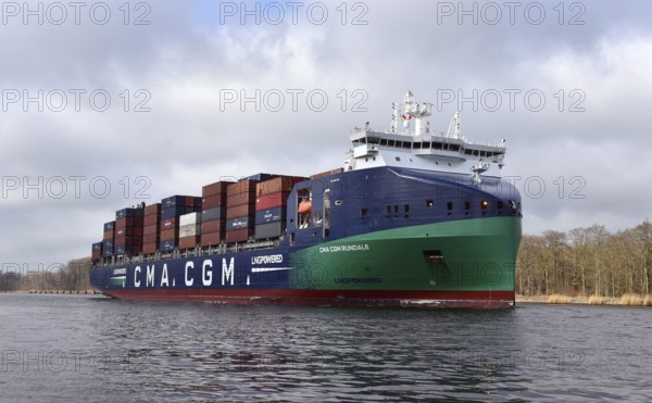 Container ship CMA CGM RUNDALE sails in the Kiel Canal, NOK, Kiel Canal, Kiel Canal, Schleswig-Holstein, Germany