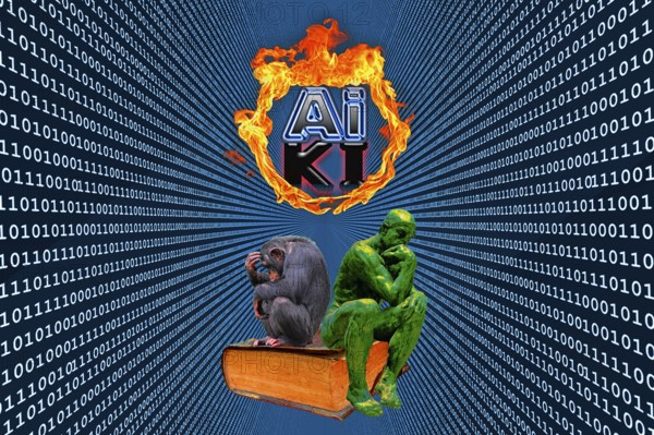 Symbolic picture, humor picture, AI and AI in the ring of fire, thinker among himself, Rodin's thinker, monkey, old book, binary background, radiated one and zero, AI generates, AI generated