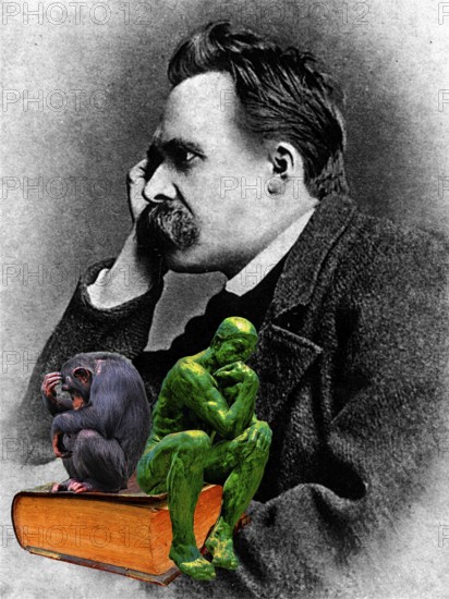 Symbolic picture, humor picture, thinker among himself, Friedrich Nietzsche, Rodin's thinker, monkey, old book, AI generated