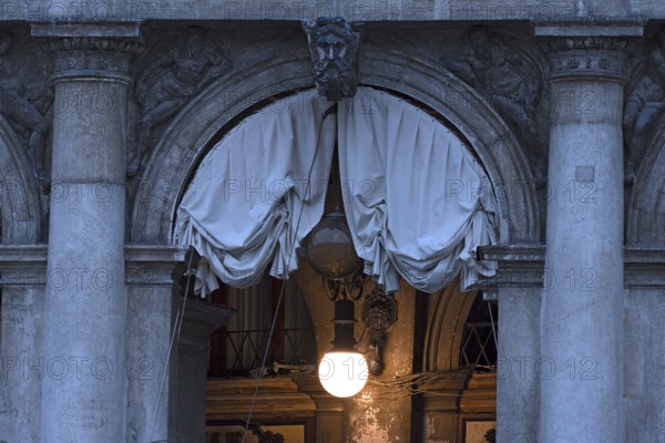 Detail of the arcade of the procurations in the morning, Venice, Veneto, Italy