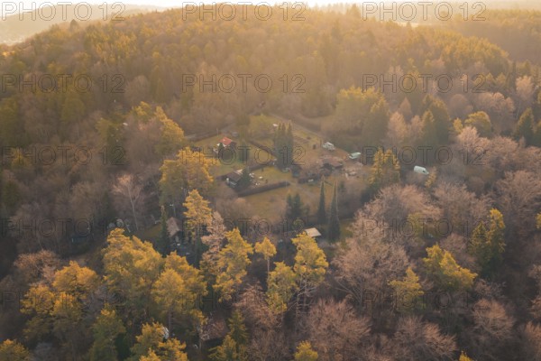 Autumn landscape with cabins surrounded by colorful forest, Aidlingen, Böblingen District, Germany