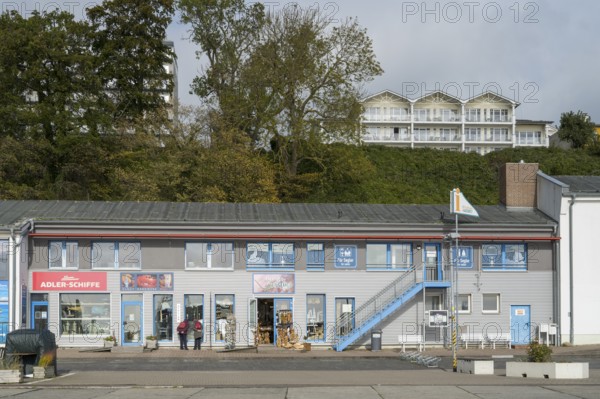Shops at the city harbor, Sassnitz, Rügen, island, Baltic Sea, Mecklenburg-Western Pomerania, Germany