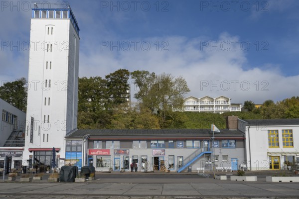 Restaurant and shops at the city harbor, Sassnitz, Rügen, island, Baltic Sea, Mecklenburg-Western Pomerania, Germany
