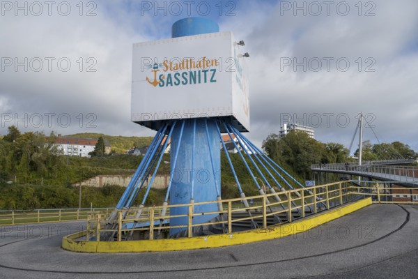 Column with sign Stadthafen Sassnitz, Sassnitz, Rügen, island, Baltic Sea, Mecklenburg-Western Pomerania, Germany