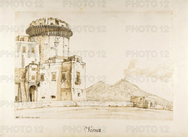 Claude Joseph Vernet (14 August 1714 - 3 December 1789), French painter, here his work, The Castel Nuovo in Naples, with a View of Mount Vesuvius (ca. 1737-53), The imposing Castel Nuovo (also known as Maschio Angioino), a medieval fortress in Naples, can be seen in the foreground on the left. In the background is the smoking Mount Vesuvius, Painting, Reproduction of the painting, Work of art, Historical
