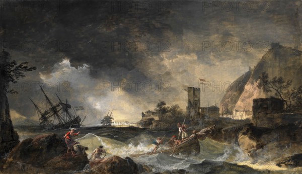 Claude Joseph Vernet (14 August 1714 - 3 December 1789), French painter, here his work, Storm, dramatic storm on a rocky coast in which a ship is wrecked and people on the shore are in danger, Painting, Reproduction of the painting, Work of art, Historical