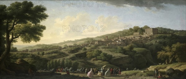 Claude Joseph Vernet (14 August 1714 - 3 December 1789), French painter, here his work, Villa at Caprarola (1746), Palazzo Farnese in Caprarola, Italy, depicted in the middle of a hilly landscape, with a crowd of people in the foreground, Painting, Reproduction of the painting, Work of art, Historical
