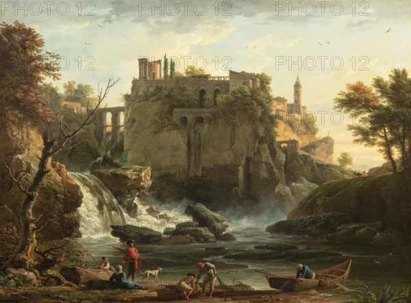 Claude Joseph Vernet (14 August 1714 - 3 December 1789), French painter, here his work, View Of Tivoli, Italian landscape depicting the Temple of Vesta on a rock above the waterfalls, Painting, Reproduction of the painting, Work of art, Historical