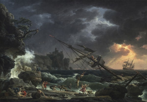 Claude Joseph Vernet (14 August 1714 - 3 December 1789), French painter, here his work, The Shipwreck (1772), dramatic moment of a shipwreck in which survivors try to save themselves with a lifeline from a sinking ship to land, Painting, Reproduction of the painting, Work of art, Historical