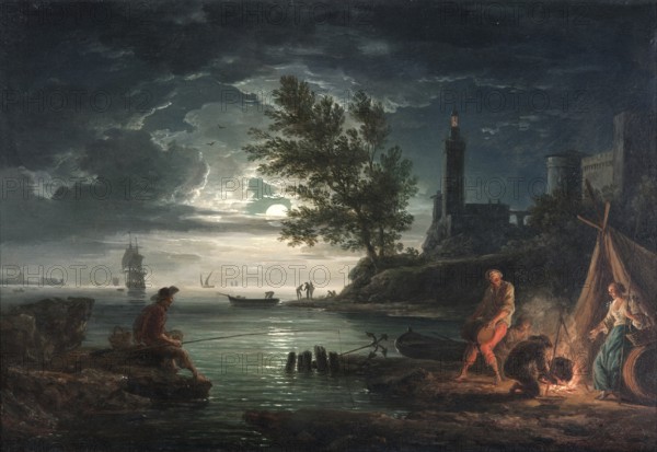 Claude Joseph Vernet (14 August 1714 - 3 December 1789), French painter, here his work, The four times of day- Night (1757), The four times of day: Night, nocturnal coastal scene by moonlight with a lighthouse, fishermen and a bonfire, Painting, Reproduction of the painting, Work of art, Historical