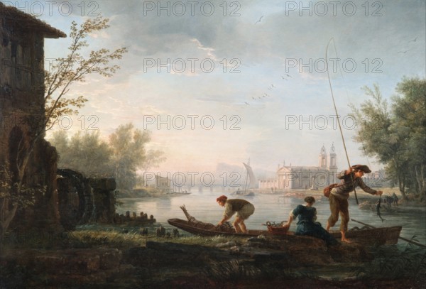 Claude Joseph Vernet (14 August 1714 - 3 December 1789), French painter, here his work, The four times of day- Morning (1757), The four times of day: Morning, a tranquil river landscape in the morning with fishermen in a boat, Painting, Reproduction of the painting, Work of art, Historical