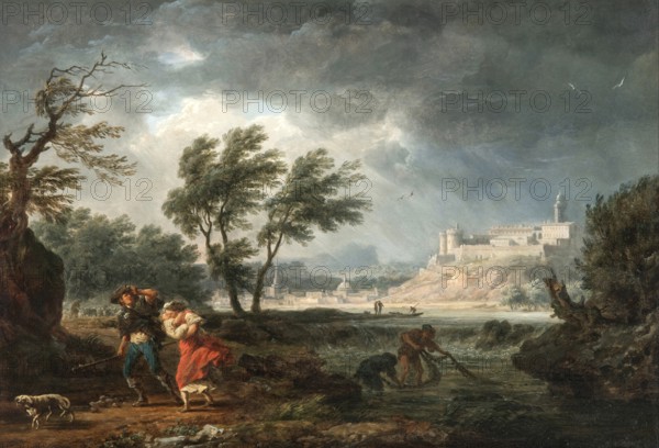 Claude Joseph Vernet (14 August 1714 - 3 December 1789), French painter, here his work, The four times of day- Midday (1757), The four times of day: Noon, Scene in front of an approaching thunderstorm, Painting, Reproduction of the painting, Work of art, Historical