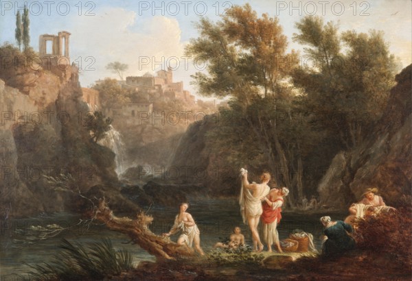 Claude Joseph Vernet (14 August 1714 - 3 December 1789), French painter, here his work, The four times of day- Evening (1757), The four times of day: Evening, idyllic landscape scene with people by the water, Painting, Reproduction of the painting, Work of art, Historical