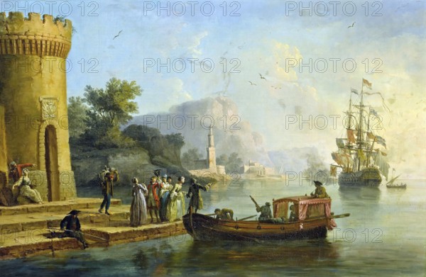 Claude Joseph Vernet (14 August 1714 - 3 December 1789), French painter, here his work, View of a Mediterranean port with a group of figures on the shore's edge, a large ship beyond, View of a Mediterranean port with figures on the shore boarding or watching an ornate boat while a large ship lies at anchor in the background, Painting, Reproduction of the painting, Work of art, Historical