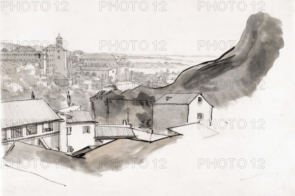 Claude Joseph Vernet (14 August 1714 - 3 December 1789), French painter, here his work, View of the Caelian Hill, Rome, with the church of Santi Giovanni e Paolo, seen from the Aventine, Rome (ca. 1750), View of the Caelian Hill in Rome with the church of Santi Giovanni e Paolo, seen from the Aventine, Painting, Reproduction of the painting, Work of art, Historical