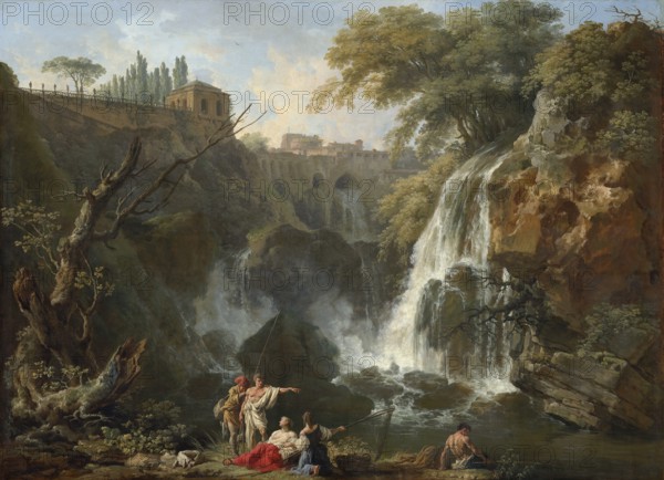 Claude Joseph Vernet (14 August 1714 - 3 December 1789), French painter, here his work, The Waterfalls at Tivoli, with the Villa of Maecenas (c. 1740 - 1750), The Waterfalls at Tivoli, with the Villa of Maecenas, Italy, Painting, Reproduction of the painting, Work of art, Historical