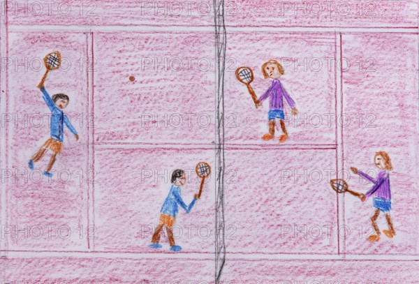 Children's drawing, naive illustration, tennis, tennis game on the tennis court, bird's eye view