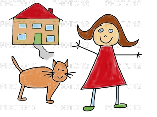 Naive illustration, children's drawing, happy girl with cat, residential building