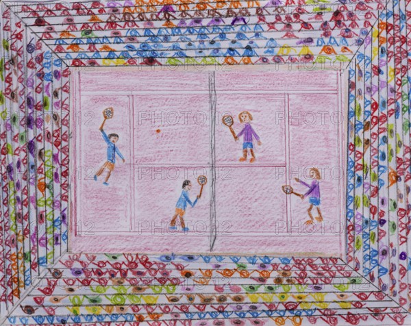 Children's drawing, naive illustration, tennis game in the stadium, bird's eye view