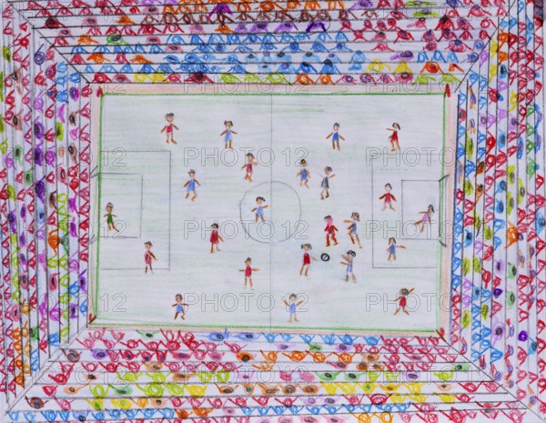 Children's drawing, naive illustration, soccer game in the soccer stadium, bird's eye view