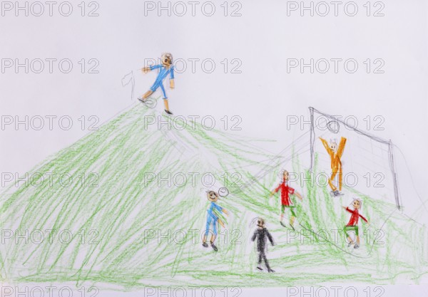 Naive illustration, children's drawing, children playing soccer in front of the goal