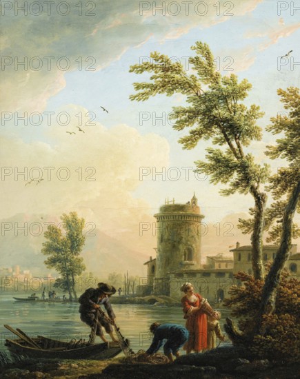 Claude Joseph Vernet (14 August 1714 - 3 December 1789), French painter, here his work, Fishers at sunrise, Fishermen at sunrise, idyllic scene on the water with fishermen hauling in their nets, a round tower can be seen in the background, Painting, Reproduction of the painting, Work of art, Historical