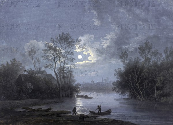 Claude Joseph Vernet (14 August 1714 - 3 December 1789), French painter, here his work, Moonlight landscape, Coastal landscape in the moonlight with some fishermen in the foreground, Painting, Reproduction of the painting, Work of art, Historical
