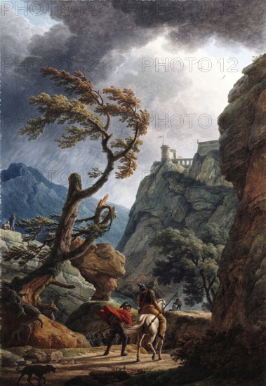 Claude Joseph Vernet (14 August 1714 - 3 December 1789), French painter, here his work, Soldiers in a Mountain Gorge, with a Storm (1789), Soldiers in a Mountain Gorge, with a Storm, a dramatic scene with soldiers in a mountainous landscape during an approaching storm, Painting, Reproduction of the painting, Work of art, Historical