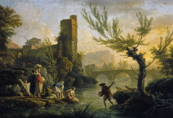 Claude Joseph Vernet (14 August 1714 - 3 December 1789), French painter, here his work, Paysage avec des lavandières (1763), depicting an idyllic Italian landscape with washerwomen working on the banks of a river, while ruins and a bridge can be seen in the background, Painting, Reproduction of the painting, Work of art, Historic