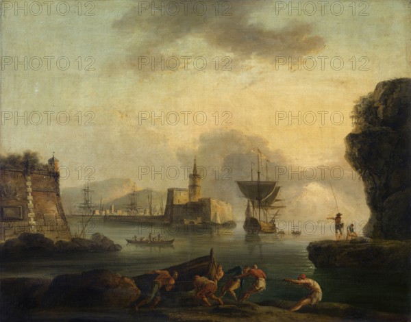 Claude Joseph Vernet (14 August 1714 - 3 December 1789), French painter, here his work, Naples (1734-1740), Italian harbour at sunset, Naples, Painting, Reproduction of the painting, Work of art, Historical