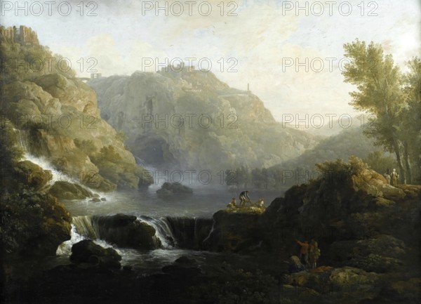 Claude Joseph Vernet (14 August 1714 - 3 December 1789), French painter, here his work, Dessinateurs face à une cascade au pied du Tivoli, The waterfalls of Tivoli, In the foreground people are depicted drawing and fishing in the rocky surroundings, Painting, Reproduction of the painting, Work of art, Historical