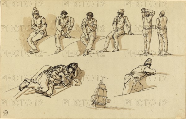Claude Joseph Vernet (14 August 1714 - 3 December 1789), French painter, here his work, Eight Studies of Figures and a Ship at Sea, Sketchbook page, Eight Studies of Figures and a Ship at Sea, Painting, Reproduction of the painting, Work of art, Historical