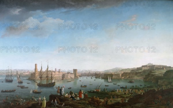 Claude Joseph Vernet (14 August 1714 - 3 December 1789), French painter, here his work, Port de Marseille, Port of Marseille, France, Painting, Reproduction of the painting, Work of art, Historical