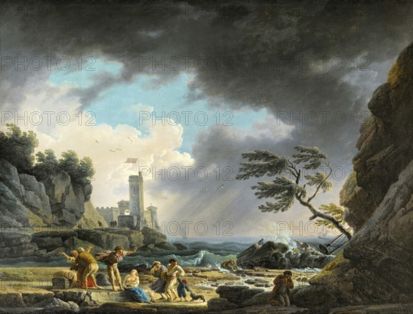 Claude Joseph Vernet (14 August 1714 - 3 December 1789), French painter, here his work, A Storm Near A Rocky Coast (1784), dramatic storm scene on a coast, in the foreground are shipwrecked people who have saved themselves on land. In the background, a ship can be seen in distress in the heavy storm on the open sea, Painting, Reproduction of the painting, Work of art, Historical
