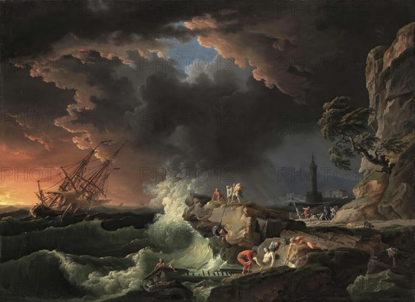 Claude Joseph Vernet (14 August 1714 - 3 December 1789), French painter, here his work, A shipwreck with figures coming ashore, Shipwreck on a rocky coast during a violent storm, with high seas and dark, stormy clouds. In the foreground, survivors of the wreck can be seen reaching the shore, exhausted or grateful, while others are still struggling in the waves, Painting, Reproduction of the painting, Work of art, Historical