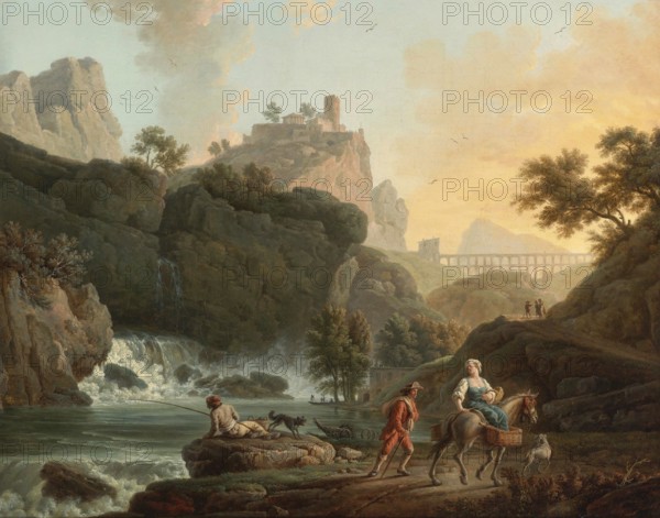 Claude Joseph Vernet (14 August 1714 - 3 December 1789), French painter, here his work, A Rocky Landscape With A fisherman And Travellers By A River With A Waterfall, An Aqueduct In The Distance, a rocky landscape with a fisherman and travellers by a river, in the background is a waterfall and an aqueduct, Painting, Reproduction of the painting, Work of art, Historical