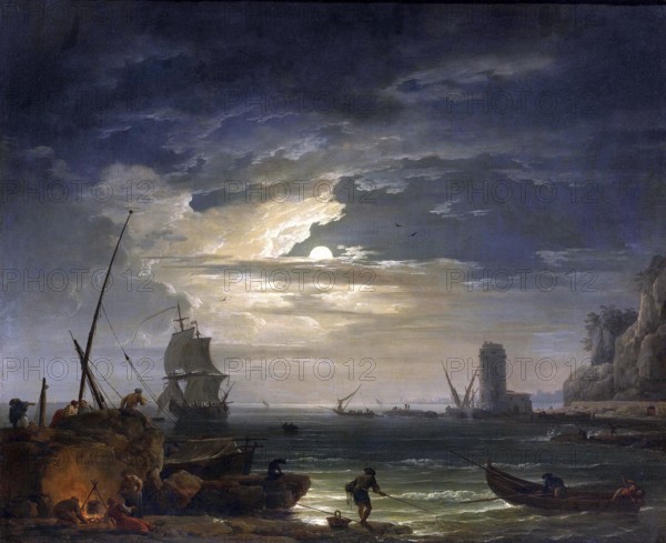 Claude Joseph Vernet (14 August 1714 - 3 December 1789), French painter, here his work, A Mediterranean Inlet By Moonlight (1748), A Mediterranean inlet by moonlight, coastal scene at night, in the foreground fishermen at work and a small fire on the rocky shore, Painting, Reproduction of the painting, Work of art, Historical