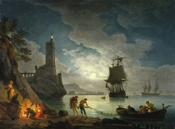 Claude Joseph Vernet (14 August 1714 - 3 December 1789), French painter, here his work, A Harbor in Moonlight (1714-1789), harbour scene in moonlight, reminiscent of Naples, with a lighthouse, sailing ships and fishermen on the shore, Painting, Reproduction of the painting, Work of art, Historical