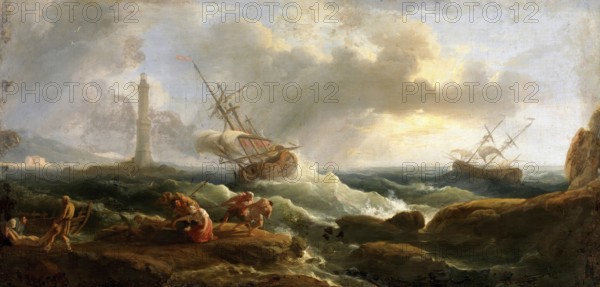 Claude Joseph Vernet (14 August 1714 - 3 December 1789), French painter, here his work, A Coastal Scene, A Storm on the Mediterranean Coast, a dramatic scene with a three-master in distress during a storm on a rocky coast. In the foreground are shipwrecked people trying to save themselves on land, Painting, Reproduction of the painting, Work of art, Historical