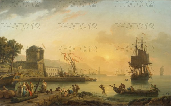 Claude Joseph Vernet (14 August 1714 - 3 December 1789), French painter, here his work, A Grand View Of The Sea Shore Enriched With Buildings, Shipping And Figures (1776), lively coastal scene at sunset with various ships, imposing buildings (such as the fortress on the left) and numerous figures, Painting, Reproduction of the painting, Work of art, Historical