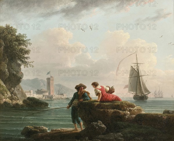 Claude Joseph Vernet (14 August 1714 - 3 December 1789), French painter, here his work, Pêcheurs sur un rivage méditerranéen (circa 1770), Sunrise on a coast with fishermen, idyllic coastal scene with a fisherman and a woman in the foreground, in the background a sailing ship, a watchtower and a mountain silhouette can be seen, Painting, Reproduction of the painting, Work of art, Historical