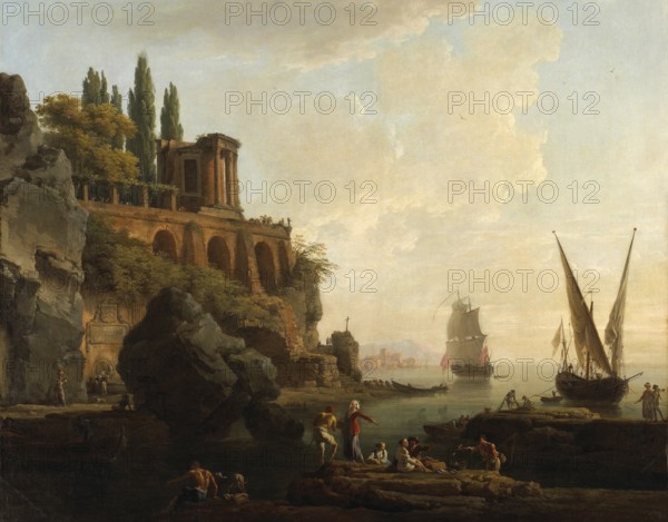 Claude Joseph Vernet (14 August 1714 - 3 December 1789), French painter, here his work, Imaginary Landscape, Italian Harbor Scene (1746), Italian harbour scene, a dramatic harbour scene with ancient ruins on a cliff and various ships, Painting, Reproduction of the painting, Work of art, Historical